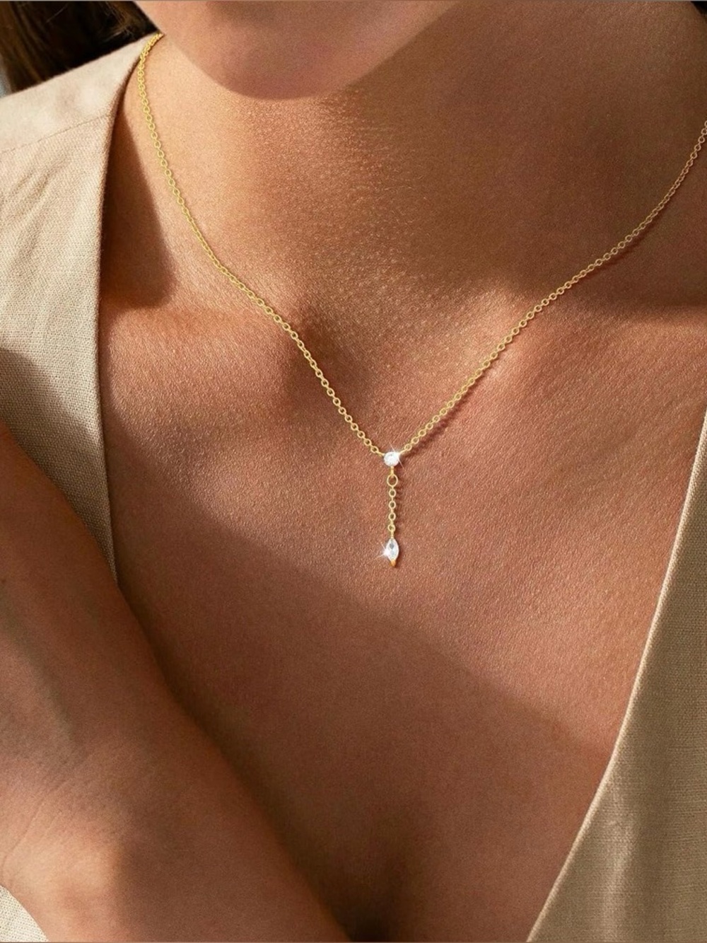 Delicate 14K Gold plated Drop Y Necklace with CZ Accent